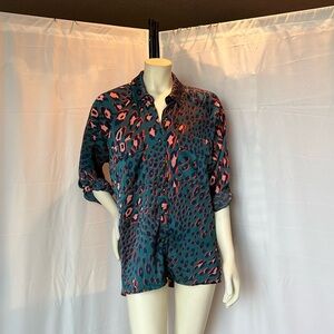 NWT LOVESTITCH Silky Teal Leopard Print Button Down Blouse